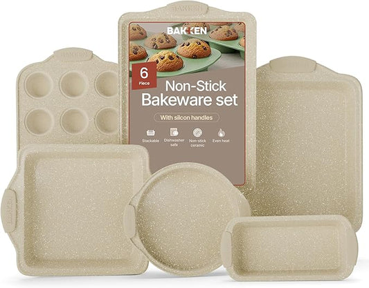 6-Piece Deluxe Nonstick Baking Pan Set - Professional Grade Carbon Steel Bakeware with White Marble Coating & Silicone Handles
