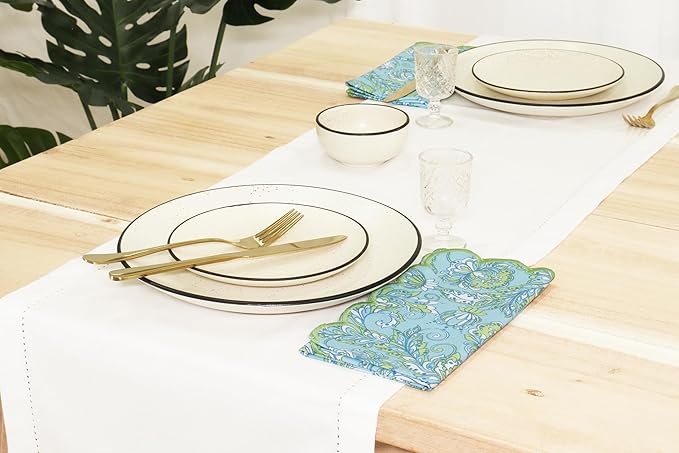 PurpleEssences Scalloped Embroidery Kalamkari Cloth Napkins Christmas Holiday Winter Table Decor 100% Cotton Set of 4-18 x 18 inch - Light Blue Edges - Sage Green