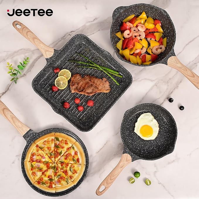 JEETEE Pots and Pans Set Non Stick 23pcs, Healthy Kitchen Cookware Sets, Induction Cooking Set W/Gray Frying Pans, Saucepans, Sauté & Griddle & Crepe Pan (PFOA, PFAS, PFOS Free)