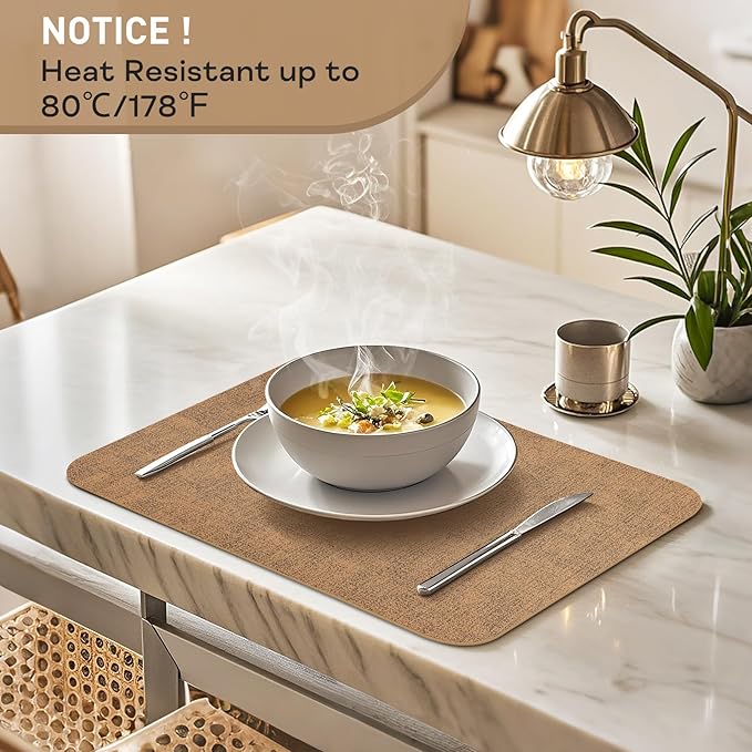 Vinly Placemats Set of 6 - Waterproof Wipeable Faux Leather Table Place Mats Heat Resistant Anti Slip Table Mats for Dining, Indoor, Outdoor, 15.8" x 11.8" (Light Brown)