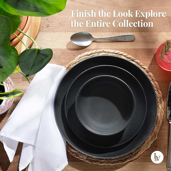 Larder & Vine 12-Piece Melamine Dinnerware Set: Durable, Lightweight, Break-Resistant Plates & Bowls – Stylish, Non-Toxic, Dishwasher Safe – Ideal for Everyday Use, Indoor & Outdoor Dining – Black