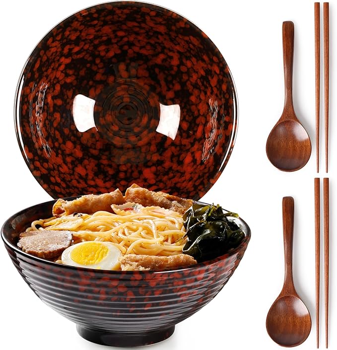 NUTRIUPS 8 Inch Ceramic Ramen Bowl Set of 2 Pho Bowls 40oz Japanese Noodle Udon Soup Bowls with Spoons and Chopsticks (Lava Burst Red)