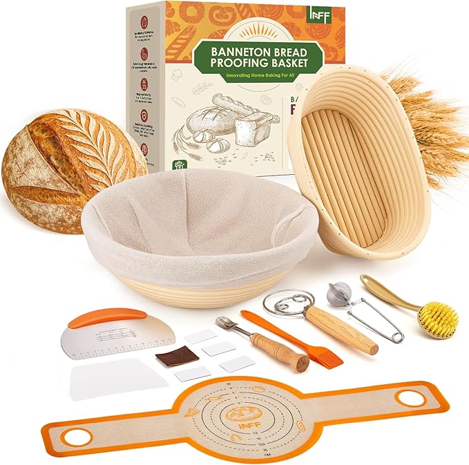 Banneton Bread Proofing Basket Set - Sourdough Starter Kit with 10" Round & 9" Oval Baskets, Linen Liners, Dough Whisk & Sourdough Bread Baking Supplies for Artisan Bread Making
