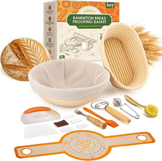 Banneton Bread Proofing Basket Set - Sourdough Starter Kit with 10" Round & 9" Oval Baskets, Linen Liners, Dough Whisk & Sourdough Bread Baking Supplies for Artisan Bread Making