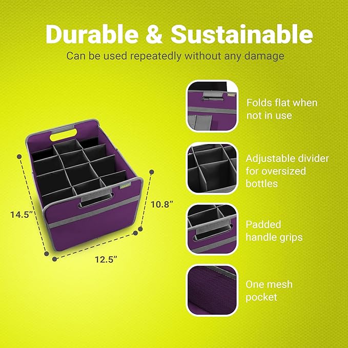 meori Foldable 12 Bottle Wine Carrier Midnight Magenta Carry Glassware Liquor Storage Bottle Shopping Travel Cocktails RV (B100793)