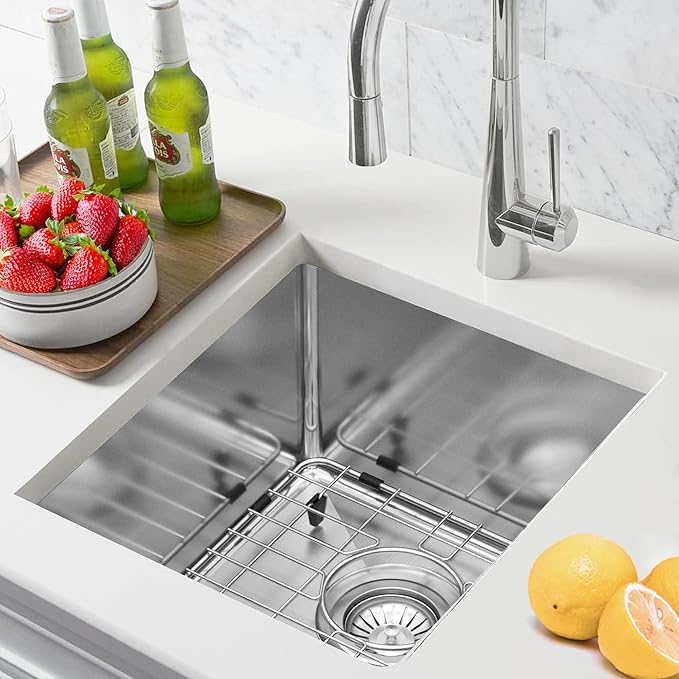 15x17 Inch Undermount Bar Sink, 18 Gauge 304 Stainless Steel Small Kitchen Sink for RV, Laundry, Office with Basket Strainer & Anti-Clog Grid