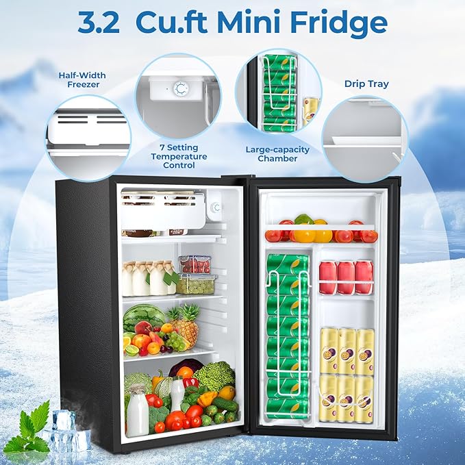 3.2 Cu.ft Mini Fridge with Freezer, Compact Refrigerator with Reversible Single Door, Adjustable Thermostat, Low Noise, Energy Efficient for Office, Dorm, Bedroom, Apartment