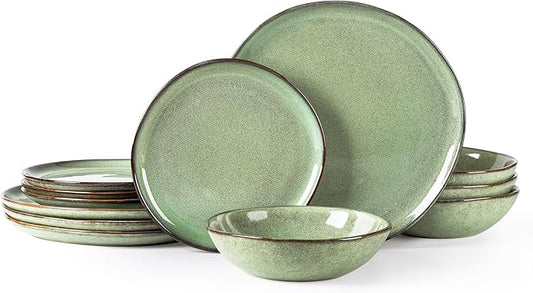 AmorArc Ceramic Dinnerware Sets,Handmade Reactive Glaze Stoneware Plates and Bowls Set,Highly Chip and Crack Resistant | Dishwasher & Microwave Safe Dishes Set,Service for 4 (12pc)