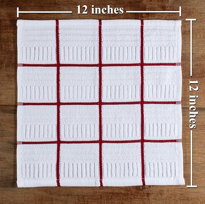 Sticky Toffee Cotton Dishcloths Set of 8, Red and White, 12 x 12 in, Absorbent Reusable Tea Towels and Cleaning Cloths, Oeko-Tex Cotton