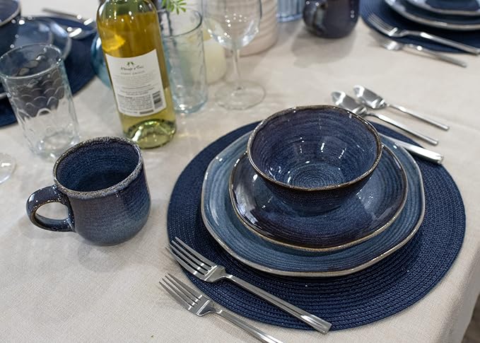 Elanze Designs Reactive Glaze Farmhouse Rustic Boho Ceramic Stoneware Dinnerware 16 Piece Plate Bowl Mug Dish Set - Service for 4, Purple Ombre Blue