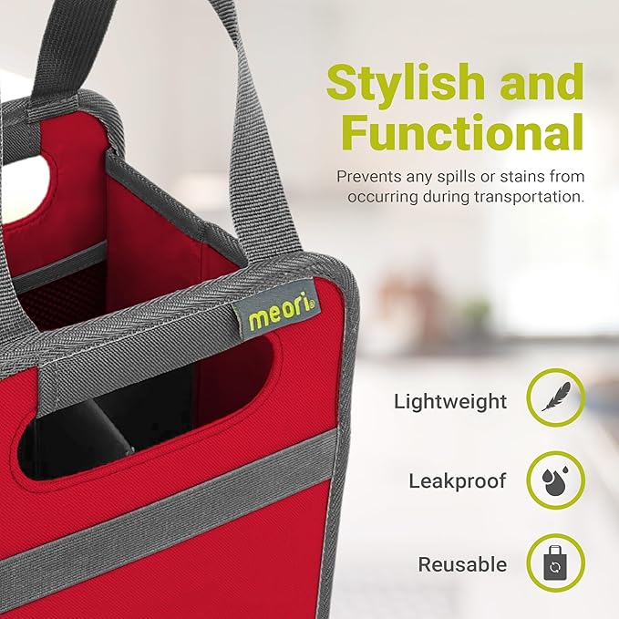 Meori Collapsible Drink Tote Bag, 4 Bottle Bag, Tear-Resistant Reusable Drink Carrier, Foldable Portable Carrier, Gift for Wine Lovers, Hibiscus Red