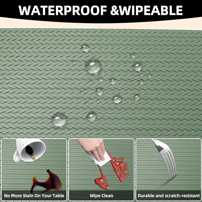 Vinyl Placemats Set of 6-12×17.7 Inch Waterproof & Heattable Placemats, Fall Faux Leather Wipeable Outdoor Table Mat for Dining, Kitchen, Indoor Outdoor Use (Sage Green, Cable Pattern)