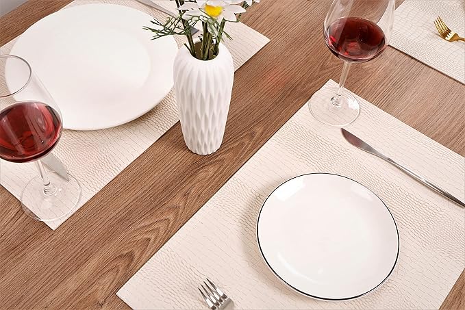 Waterproof PU Placemats, Faux Leather Hardboard Place Mats, Set of 4 Table Mats, Easy to Clean, Heat & Stain Resistant for Office Conference Table, Dining Home Decor, White