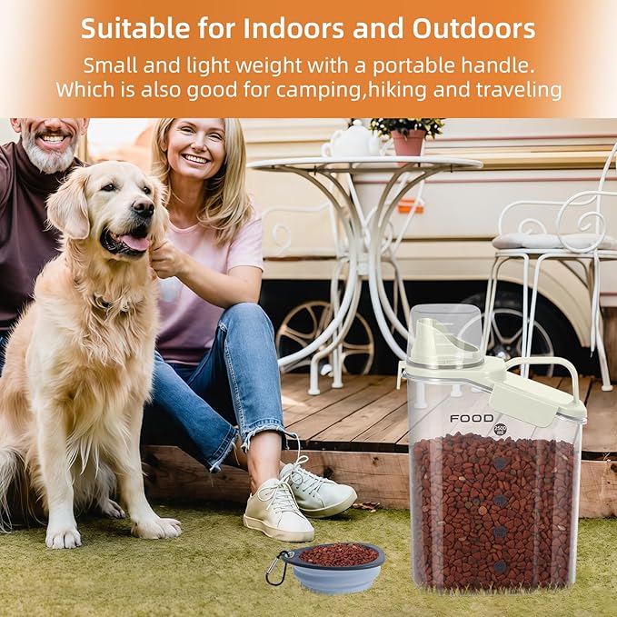 3-5 LBS Dog Food Storage Container Upgraded Large Nozzle BPA-free, Plastic Pet Food Storage Containers, With 4 Sealed Clasps, 1 Measuring Cup and Handle (2,Beige, 3L)