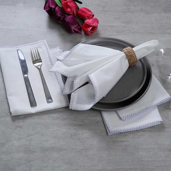 Bedding Craft Cotton Cloth Dinner Napkins Set of 12 – 18x18 Lavender Blue Napkins with Colored Edge Embroidery – Washable Fabric Napkins for Wedding Table Décor, Restaurants, Events & Everyday Dining