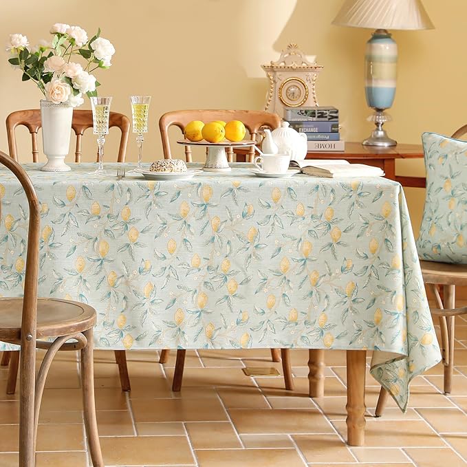 patdrea Designer Green Tablecloth for Rectangle Tables,Vintage Linen with Yellow Fruits Pattern Tablecloths,Cottage Rustic Table Cover Cloth Decor for Kitchen Dining Christmas,55"*71"