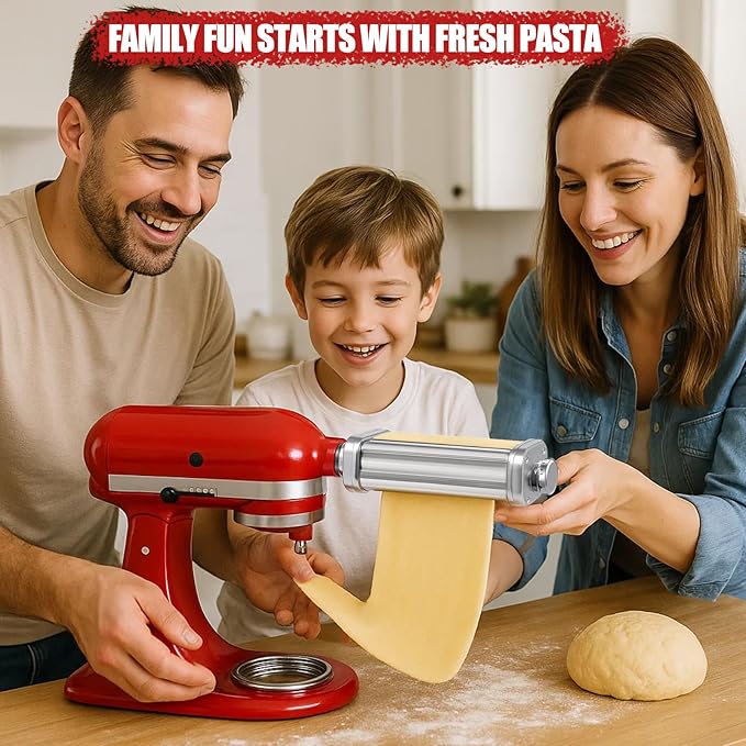 Pasta Maker Attachments Set for all KitchenAid Stand Mixer Included Pasta Sheet Roller （SU304）,8 Adjustable Thickness Settings Perfect for Spaghetti, Fettuccini, Lasagna or Dumpling Skin Silver