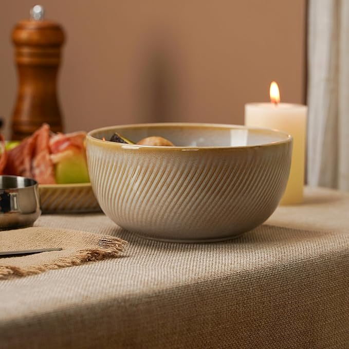 Stoneware Dinnerware Sets for 4, 12-Piece Scratch Resistant Plates and Bowls Set, Dishwasher and Microwave Safe Ceramic Dishes Set, Ribbed, Sculpted Dune