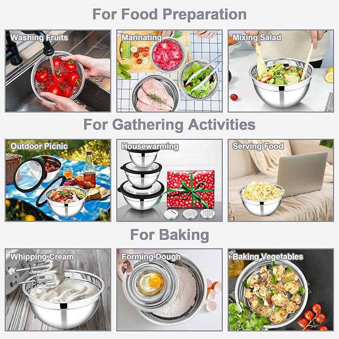 E-far Mixing Bowls with Lids and Graters, Stainless Steel Salad Mixing Bowl with Transparent Lid Set of 3, Metal Nesting Salad Storage for Kitchen Prepping/Serving/Baking, 4.6/2.6/1.5QT - Black