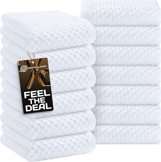 Wealuxe Super Absorbent Kitchen Towels 12 Pack - Premium 100% Cotton Kitchen Towels, 450GSM Thick Machine Washable White Dish Towels for Kitchen Drying, Cleaning, Dobby Weave, Unmatched Quality
