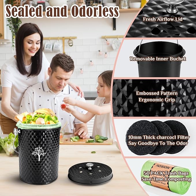 AOSION Countertop Compost Bin Kitchen，Odorless Indoor Compost Bin with Lid and Compost Bags,Compost Bucket Composter Container for Food Waste,Black