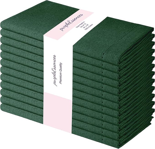 PurpleEssences Set of 12 Hemstitch Cloth Dinner Napkins 100% Cotton - Soft Durable Washable - Ideal for Wedding Fall Thanksgiving - Perfect Everyday Use Table Linen 18x18 - Forest Green