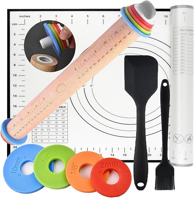 Adjustable Rolling Pin 4 Set and Silicone Baking Pastry Mat Setpastry,Siliconebrush and spatul,AdjustableThickness Rings,Wooden Dough Roller Rolling Pins for Baking Dough, Pizza, Pie