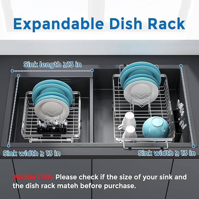 MAJALiS Expandable in Sink Dish Drying Rack - Adjustable Capacity (11.3''-17''L) Stainless Steel Over Sink Dish Drainers Rack for Kitchen Sink with Utensil Holder, Silver