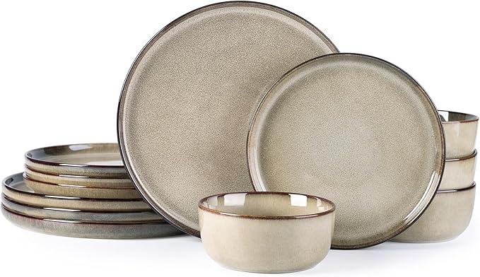 GBHOME Ceramic Dinnerware Sets for 4, 12 Pieces Stoneware Plates and Bowls Sets, Scratch Resistant Dishes, Dishwasher & Microwave Safe, Reactive Glaze