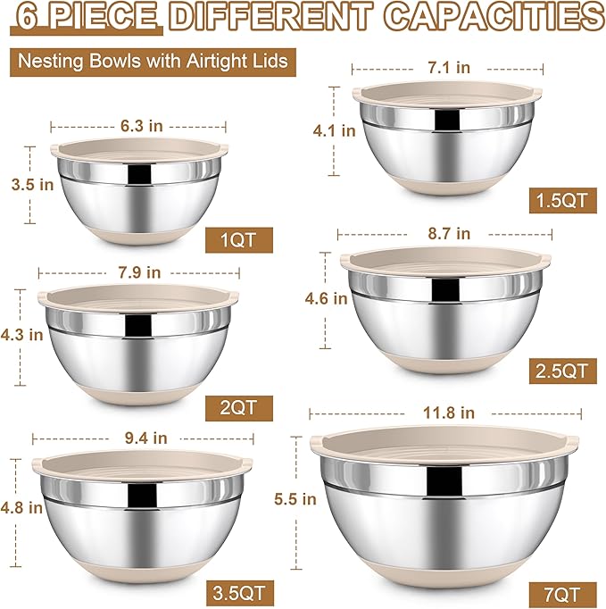 LIANYU 6 Piece Mixing Bowls Set with Airtight Lids, Size 7, 3.5, 2.5, 2, 1.5, 1QT, Stainless Steel Nesting Metal Bowls for Kitchen Baking Cooking Serving Food Storage, Non-slip Bottom, Khaki