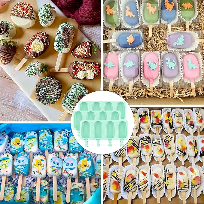 3pcs Large Silicone Popsicle Molds Set,BZIDII 4 Cavities Cake Pop Molds,Oval Ice Cream Bar Mold Ice Pop Cakesicle Molds Silicone with 100 Wooden Sticks & 100 Bags &100 Twist Ties(Green)