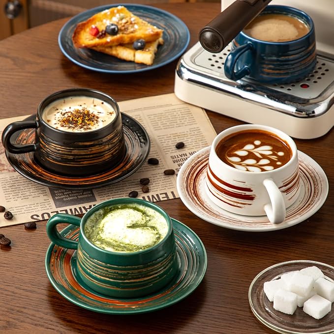 YUN TAO 4-Piece Ceramic Latte Cups with Saucers Set with Ergonomic Handles,Tea Mugs - Elegant Stylish Design for Home Office Cafe Perfect for Coffee Lovers-Birthday Gifts for Women