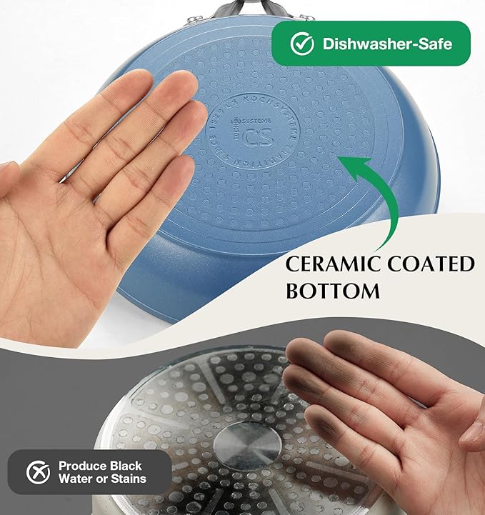 KOCH SYSTEME CS Nonstick Frying Pan with Lid, 10 Inch Non Stick Skillet with Stay-Cool Stainless Steel Handle, Omelet Pan with Nonstick Ceramic Coating, PFOA Free, Dishwasher & Oven Safe, Blue