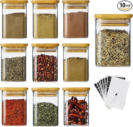 10Pcs 7oz Spice Jars Glass Container with 275 Labels, Airtight Seasoning Empty Organizer with Bamboo Lid Set for Pepper, Salt, Sugar