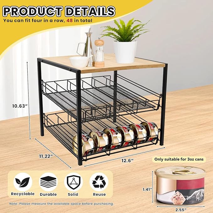 Bamboo & Iron Cat Food Organizer for Pantry, 2-Tier Can Stackable Storage Rack Holds 48 (3oz) Cans, Flat Top for Extra Storage, Automatic Slide-Down Perfect for Pet Food Cans
