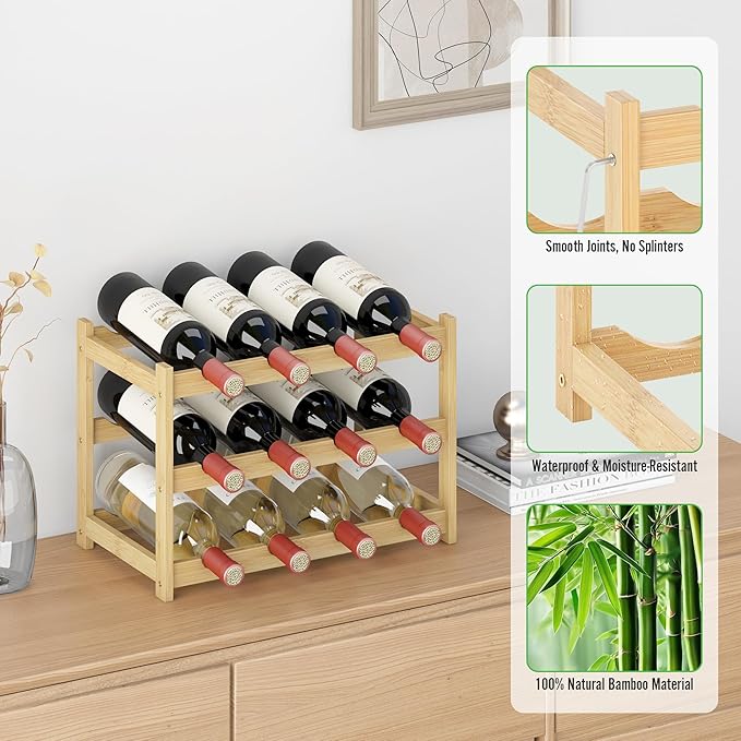 Wine Rack Countertop for 12 Wine Bottles, Small Bamboo Free Standing Racks Tabletop Display, Wooden Wine Storage Organizer for Cabinet Pantry Kitchen Bar Home Dining Room (Natural)