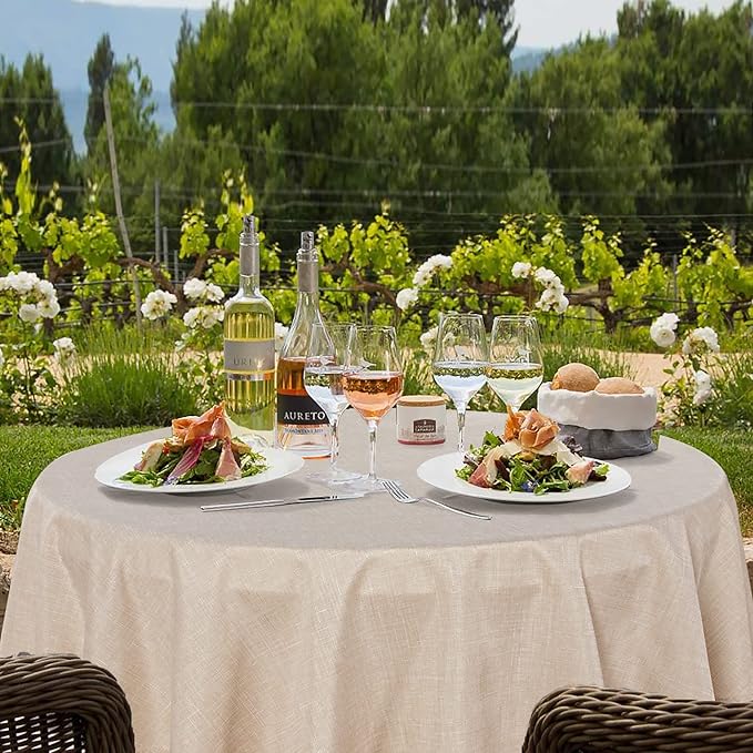 Fitable Faux Linen Round Tablecloths 60 Inches - 6 Pack Neutral Table Clothes Faux Burlap Table Covers for Kitchen, Dining Room, Party, Farmhouse, Outdoor (Great for 20"-48" Round Tables, Beige)