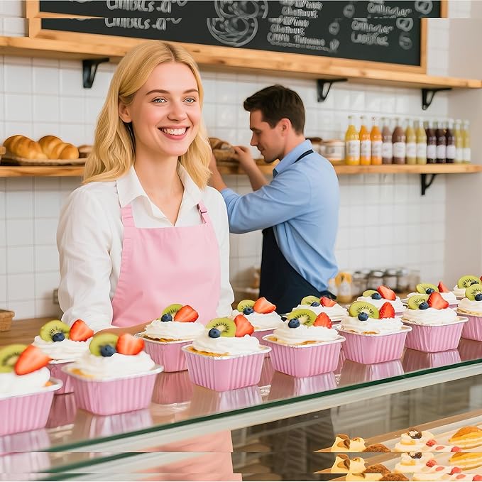 60 Pack Mini Cake Pans with Lids Mini Aluminum Pans, Disposable Loaf Pans Cupcake Liners with Lids for Pudding, Souffle, Party, Wedding(Pink, 5 oz)