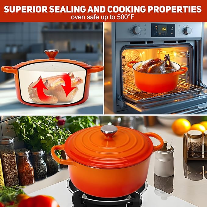 5QT Enameled Cast Iron Bread Oven with Proofing Basket for Bread Baking, Bread Making Supplies Tools,Heavy-Duty Cookware for Braising, Stews, Roasting, Bread Baking (Orange)
