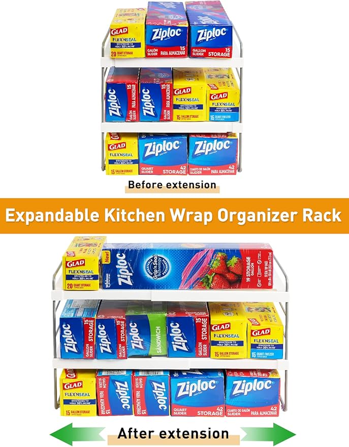 2 Pack Pantry Organization and Storage, Expandable Foil and Plastic Wrap Organizer, Adjustable Kitchen Wrap Organizer Rack for Cabinet, Foil Saran Wrap Holder Shelf for Sandwich Plastic Bags Box,