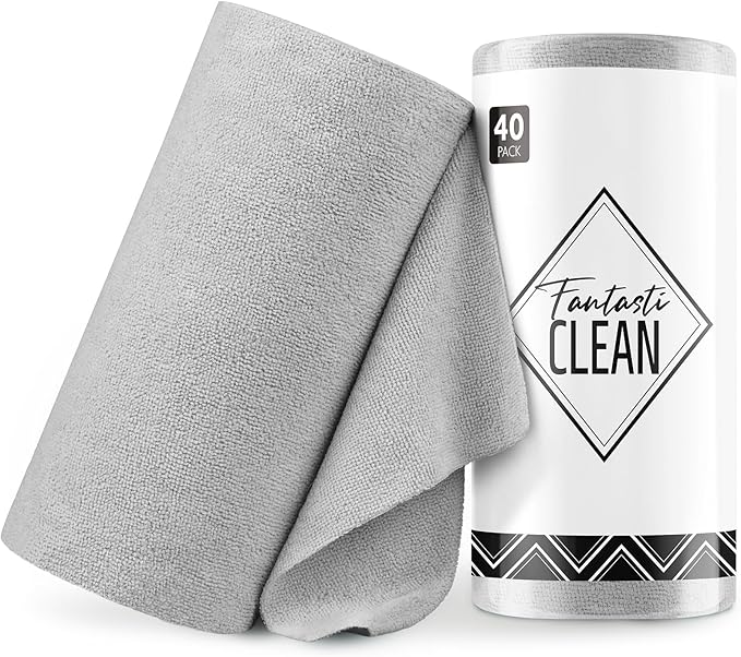 Fantasticlean Microfiber Cleaning Cloth Roll -40 Pack, Tear Away Microfiber Towels, 12" x 12", Reusable, Washable, Scratch Free, Ultra Absorbent Dishcloth for Car, Home Supplies, Pet, Kitchen (Grey)