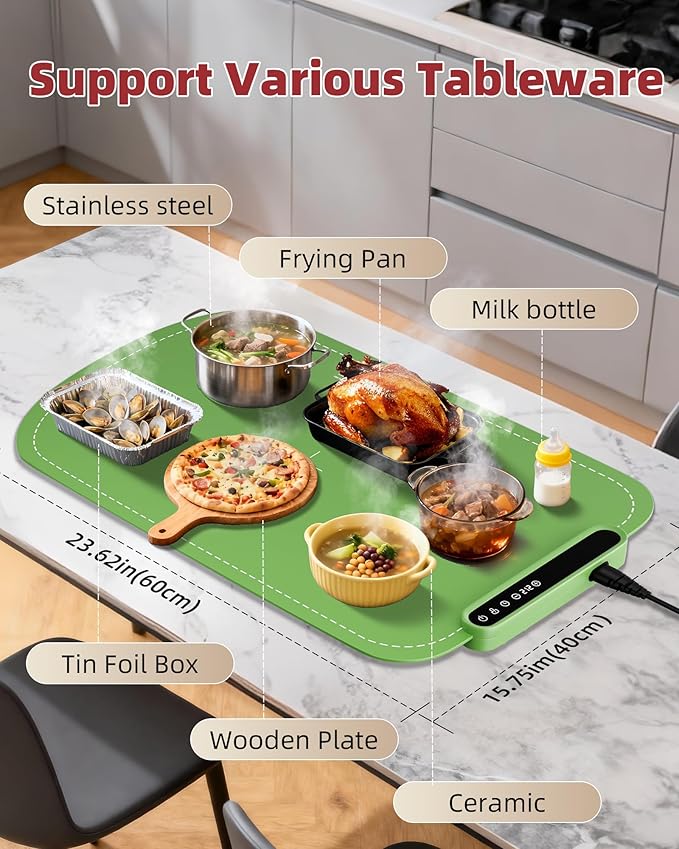 Warming Mat for Food, Upgraded Fast-Heating Electric Warming Tray with 7 Temp Levels & 8 Timers, Buffet Raised Feet & Rollable Silicone Heat Pad, Portable Food Warmer for Home, Party & Travel(Green)