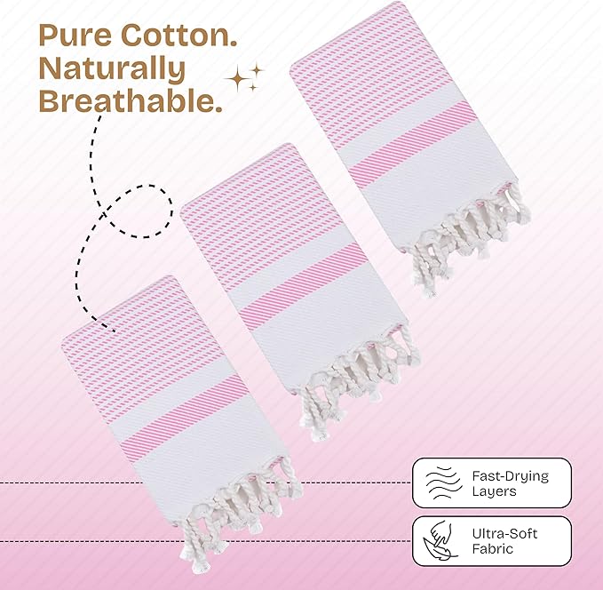 Pink Turkish Kitchen Towels 16x26 Inch, 12 Pack, 100% Cotton, Ultra Absorbent, Soft, Fast Dry, Machine Washable, Dish Towel with Tassels for Drying Dishes, Cleaning, Everyday Use