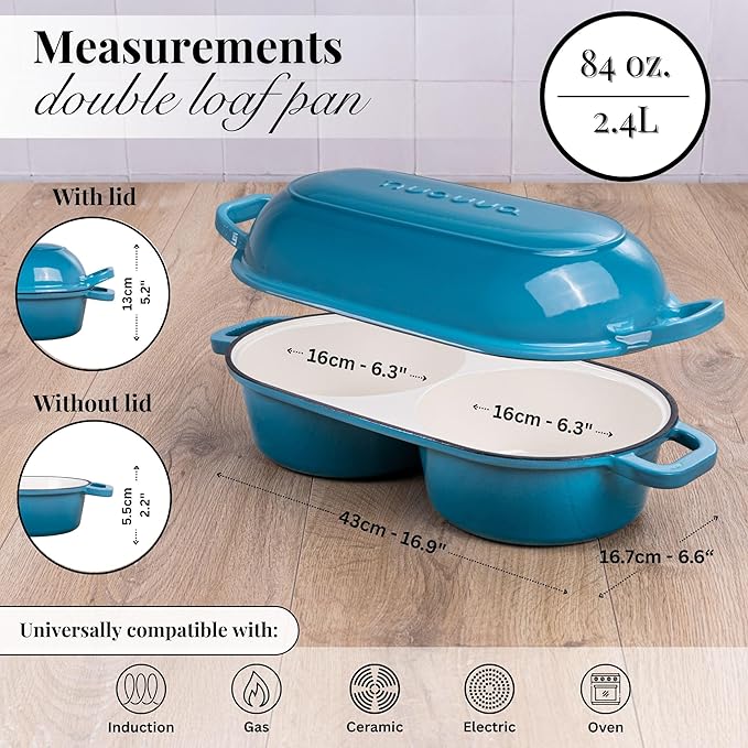 Dutch Oven For Sourdough Bread Baking – Enamelled Cast Iron Bread Loaf Pot – 500°F Oven Safe Non Stick Bread Pot – Double Round Loaf Space, 16.5cm Diameter, Light Blue, – by Nuovva