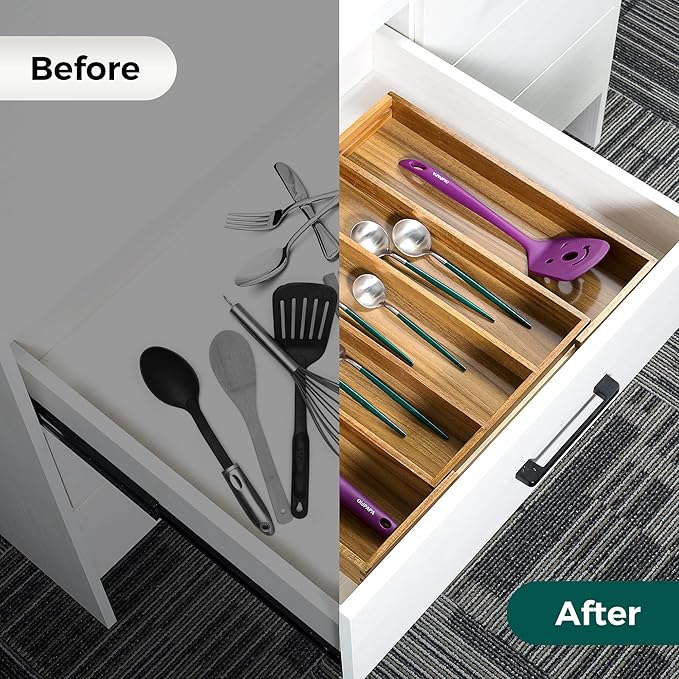 Utoplike Acacia Kitchen Drawer Organizer Expandable, Large Utensils and Cutlery Tray, Adjustable Silverware Divider for Knives Flatware