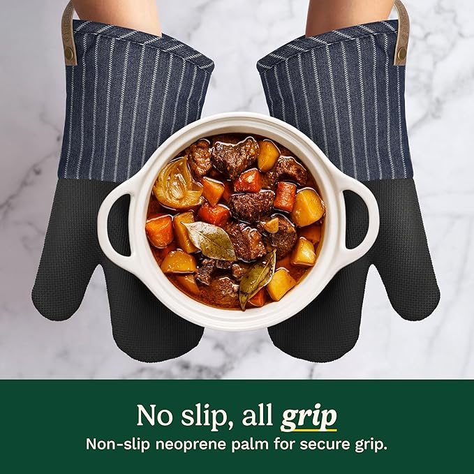 Cuisinart Heritage Kitchen Oven Mitts – Heat-Resistant Mitts for Oven with Non-Slip Neoprene Palm, Long Cuff, and Cotton Filling – Durable Oven Gloves for Cooking, Baking & Grilling (Denim Pinstripe)