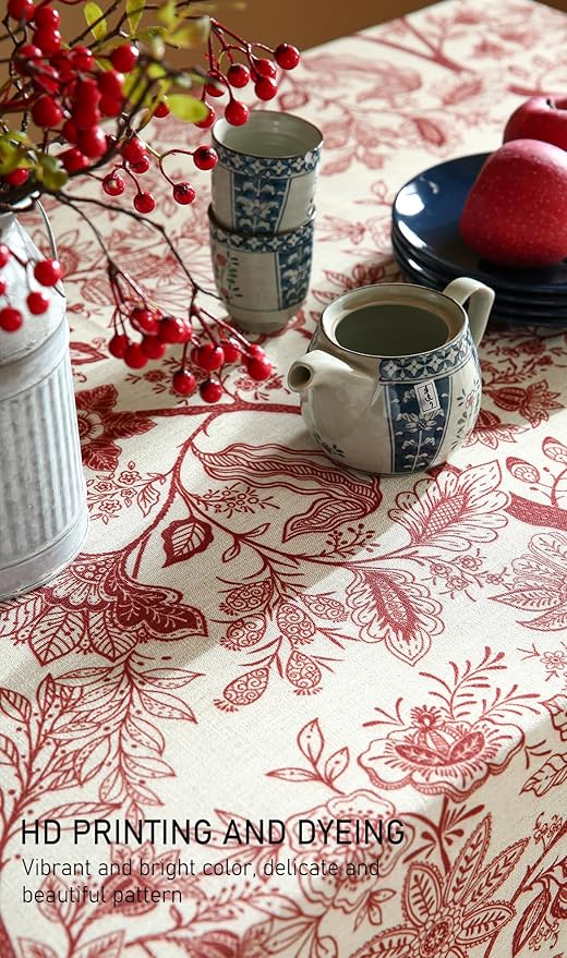 French Tablecloth for Rectangle Tables,Linen Table Cloth with Red Flowers Pattern,Heavy Durable Table Cover for Dining Thanksgiving Kitchen Decor Party Christmas,67"*118"