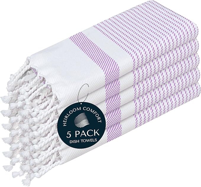 Lavender Turkish Kitchen Towels 16x26 Inch, 5 Pack, 100% Cotton, Ultra Absorbent, Soft, Fast Dry, Machine Washable, Dish Towel with Tassels for Drying Dishes, Cleaning, Everyday Use