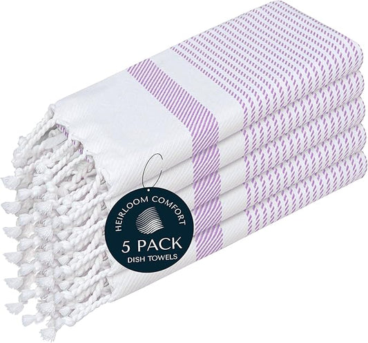 Lavender Turkish Kitchen Towels 16x26 Inch, 5 Pack, 100% Cotton, Ultra Absorbent, Soft, Fast Dry, Machine Washable, Dish Towel with Tassels for Drying Dishes, Cleaning, Everyday Use