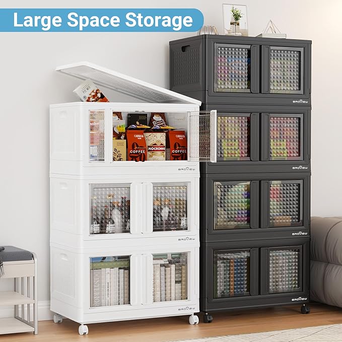 BROVIEW 500Qt Stackable Storage Bins with Lids, 125Gal Closet Organizers and Storage Drawer, Plastic Collapsible Storage Bins with Doors, Heavy Duty Store Box Cabinet for Home Kitchen, 5Pack Black